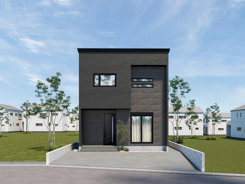 福島県郡山市鶴見坦の新築建売住宅。ボダンな外観・完成イメージ画像。